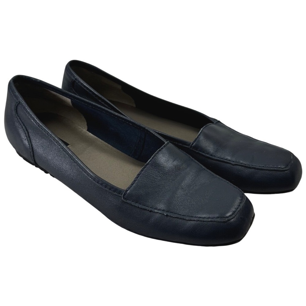 Array Loafers Women 7N Navy Blue Leather Square Toe Flats Professional Career